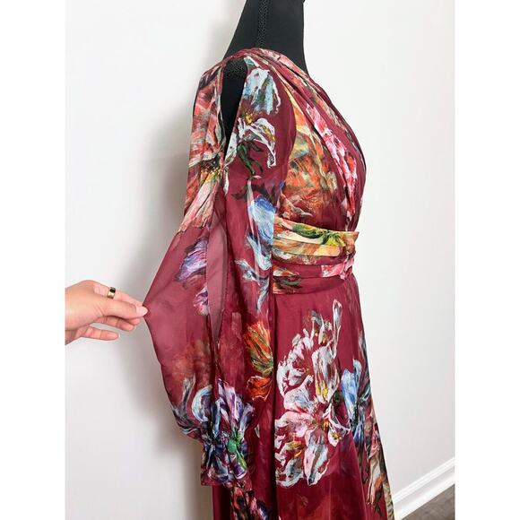 Marchesa Notte Floral Printed Cocktail Dress Burgundy Size 0 One Shoulder Lined - Picture 5 of 8